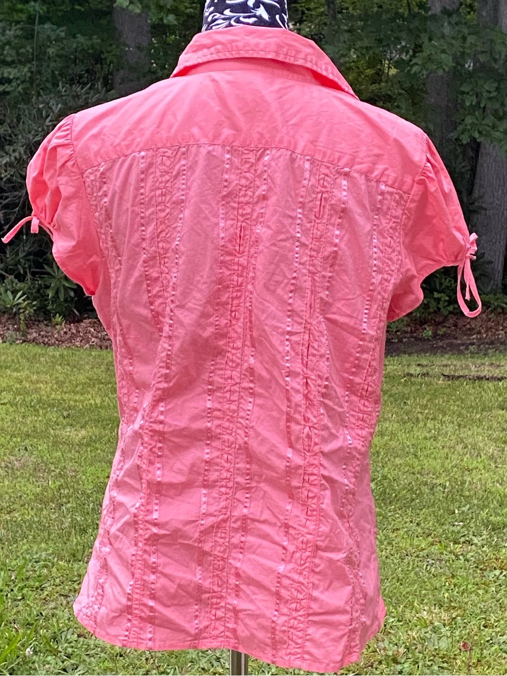 Studio 1940 Coral Pink Ribbon Trim Short-Sleeve Button Up Shirt Size Large - Picture 6 of 16